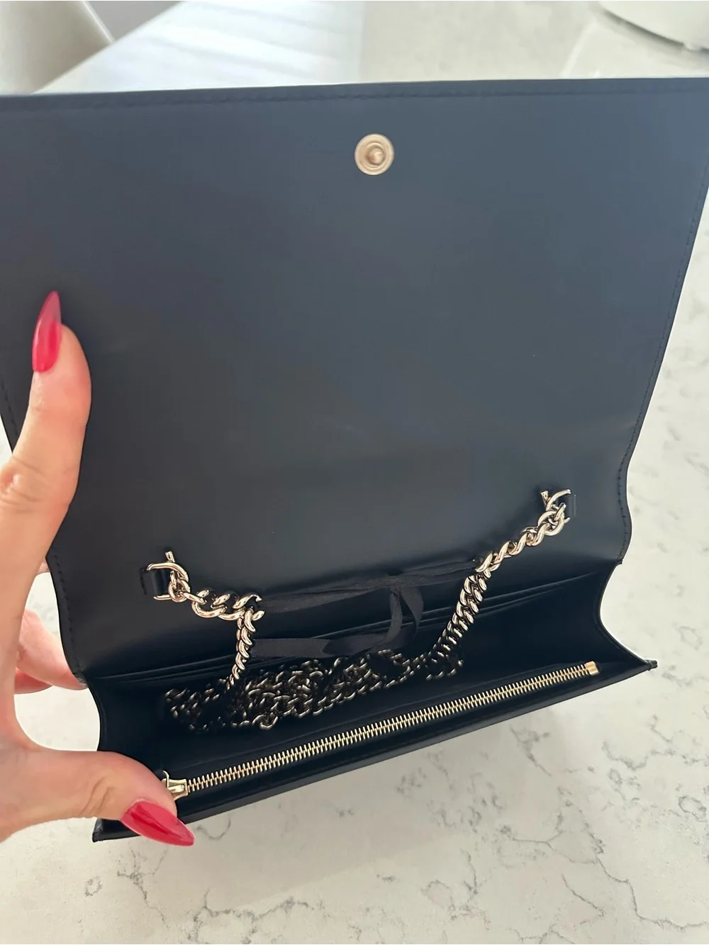 Authentic Gucci Black Embossed Leather Chain Wallet with Bow Accent